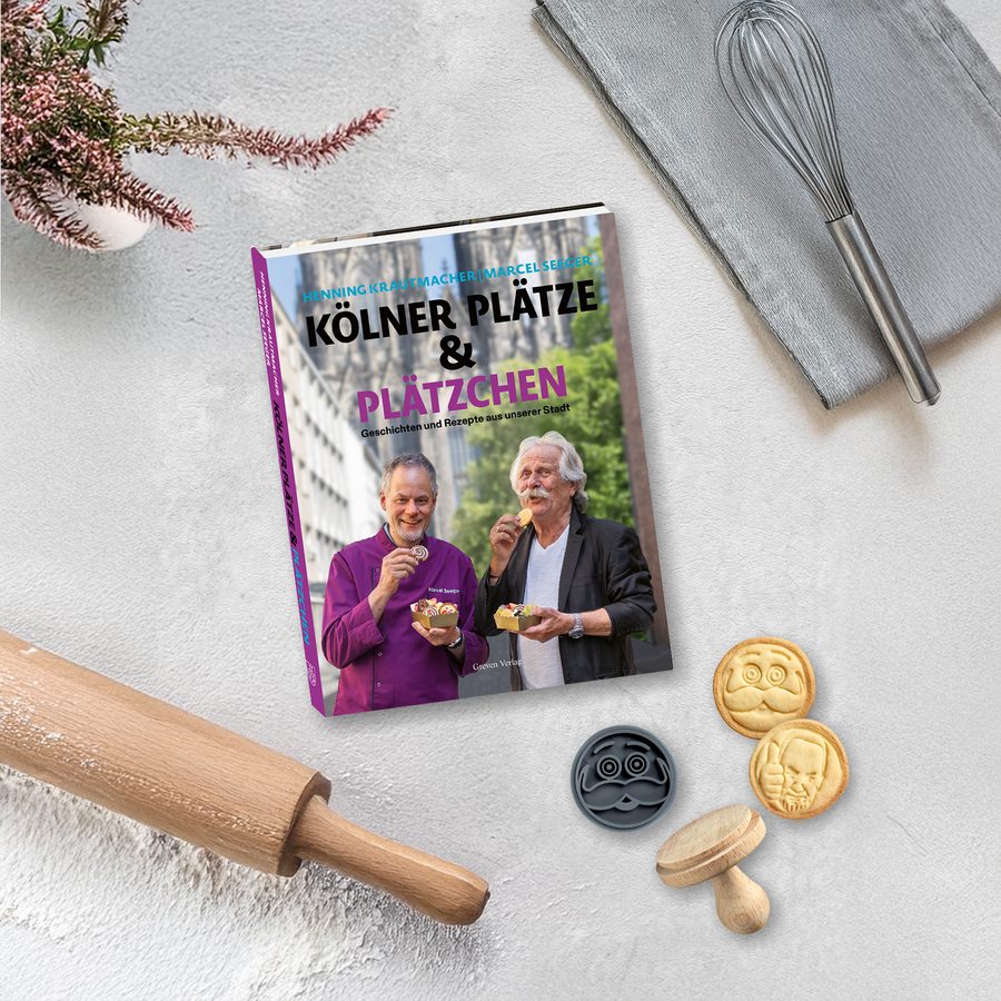 Backbuch "Kölner Plätze & Plätzchen" mit Keksstempeln und Nudelholz